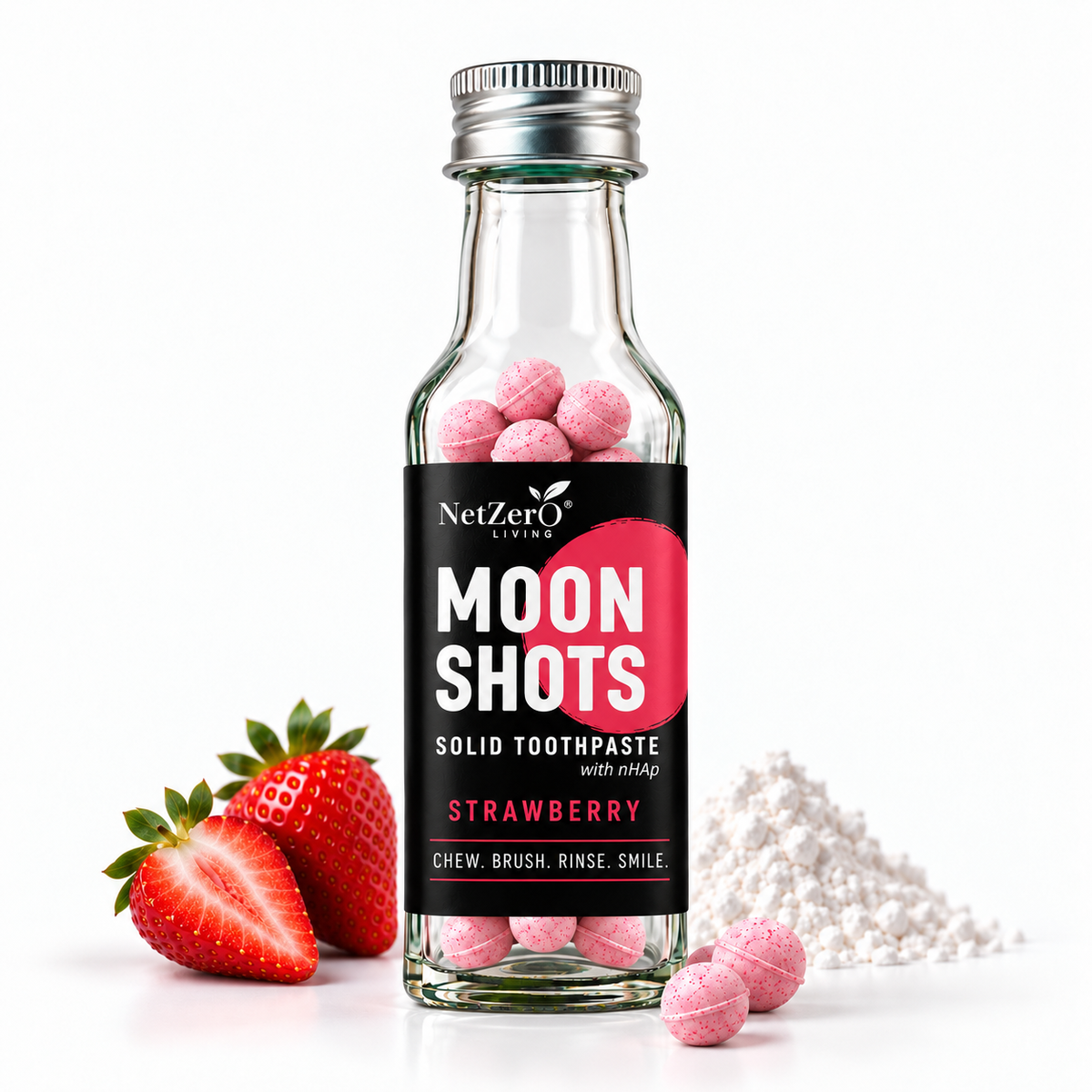 Moonshots Solid Toothpaste Tablets – Strawberry (90 pcs) | 5% nHAp | Fluoride & SLS Free | No Preservatives | with Xylitol & Oral Probiotics | Travel-Friendly