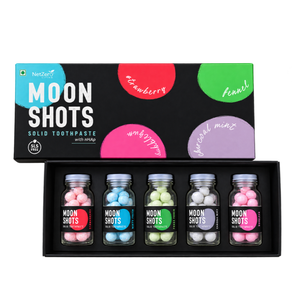 Moonshots Mini | 5 Flavour Box | Solid Toothpaste | Toothpaste Tablets | 5% nHAp | Fluoride & SLS Free | No Preservatives | with Xylitol & Oral Probiotics | Travel-Friendly