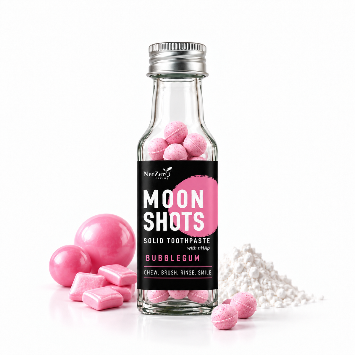 Moonshots Solid Toothpaste Tablets – Bubblegum (90 pcs) | 5% nHAp | Fluoride & SLS Free | No Preservatives | with Xylitol & Oral Probiotics | Travel-Friendly