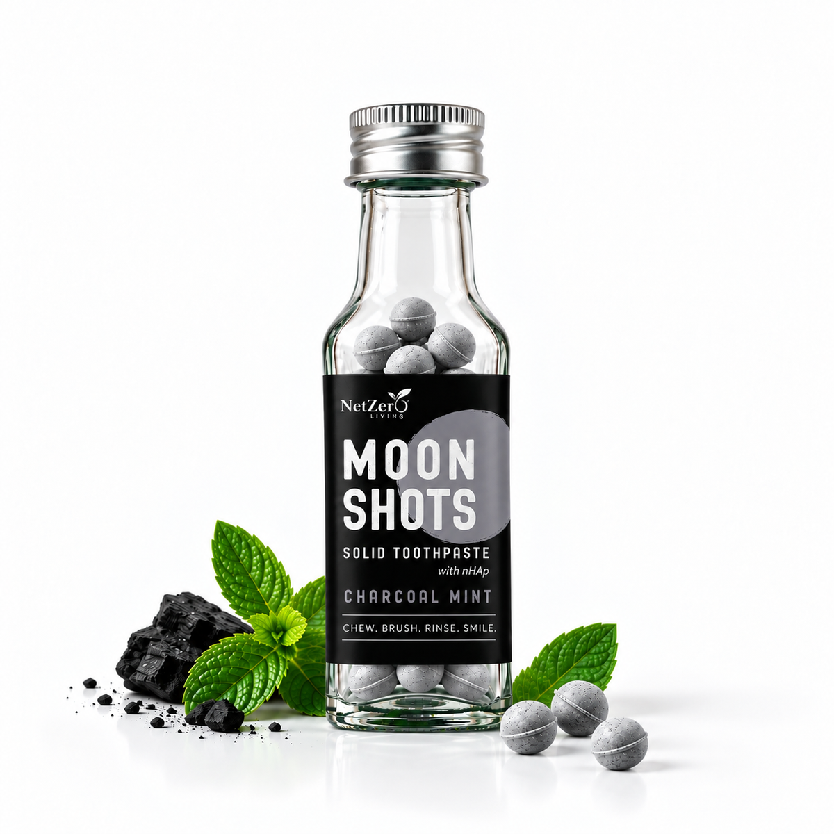 Moonshots Solid Toothpaste Tablets – Charcoal Mint (90 pcs) | 5% nHAp | Fluoride & SLS Free | No Preservatives | with Xylitol & Oral Probiotics | Travel-Friendly