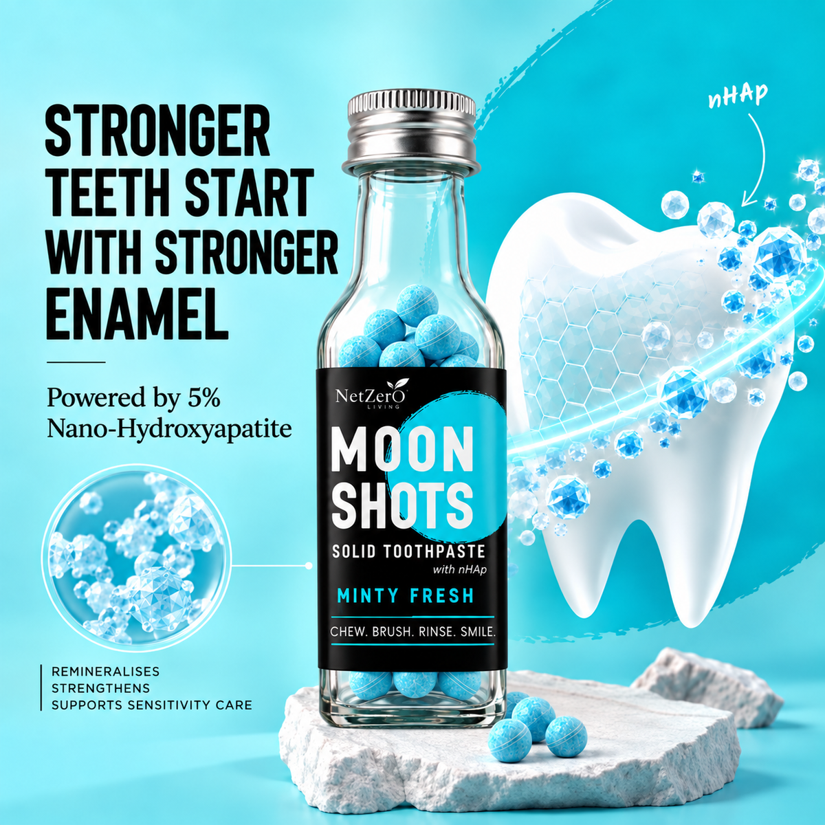 Moonshots Solid Toothpaste Tablets – Minty Fresh (90 pcs) | 5% nHAp | Fluoride & SLS Free | No Preservatives | with Xylitol & Oral Probiotics | Travel-Friendly