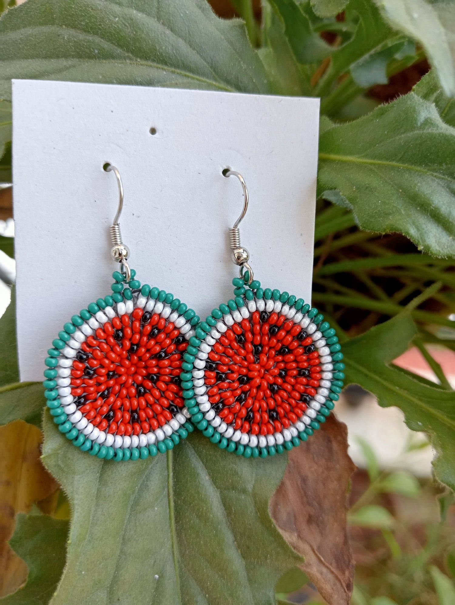 Round Bead Earrings | Dangle Earrings | Watermelon Design | Red and Dark Green color | Lightweight| Heirloom Quality