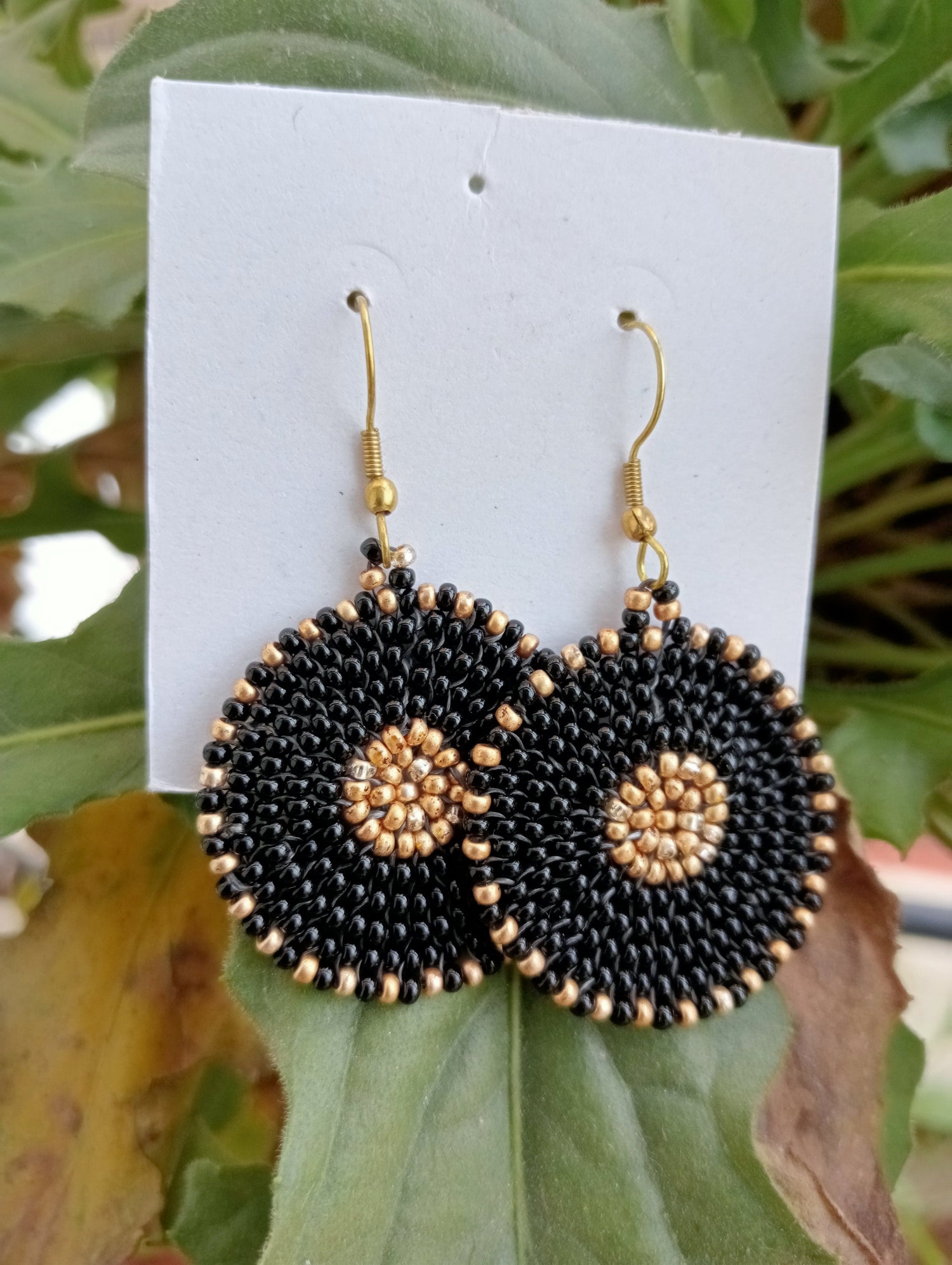 Round Bead Dangle Earrings | Black and Gold Color | Mandala Design | Light-weight | Heirloom Quality