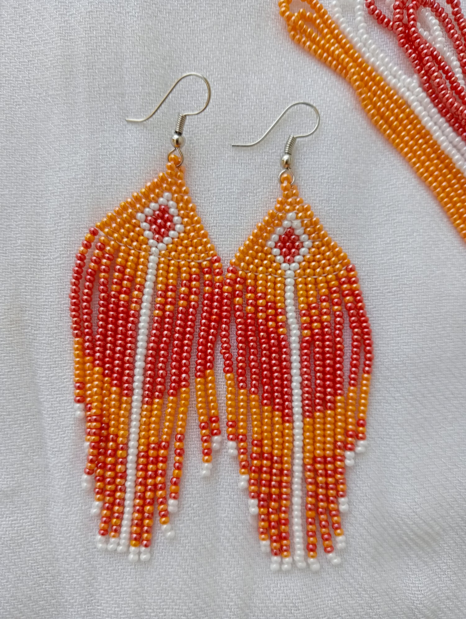 Beaded Earrings with Glass Seed Beads - Pink and Orange Fringe Earrings