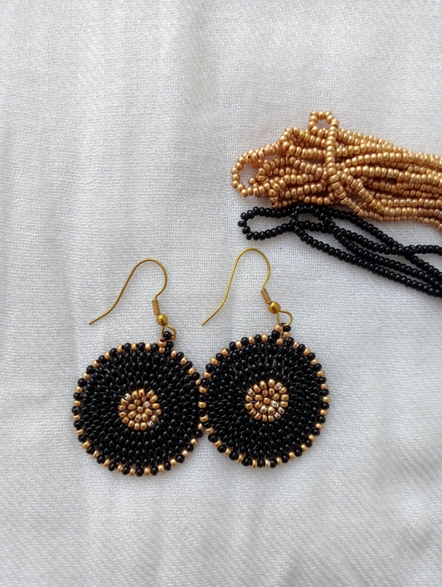 Round Bead Dangle Earrings | Black and Gold Color | Mandala Design | Light-weight | Heirloom Quality