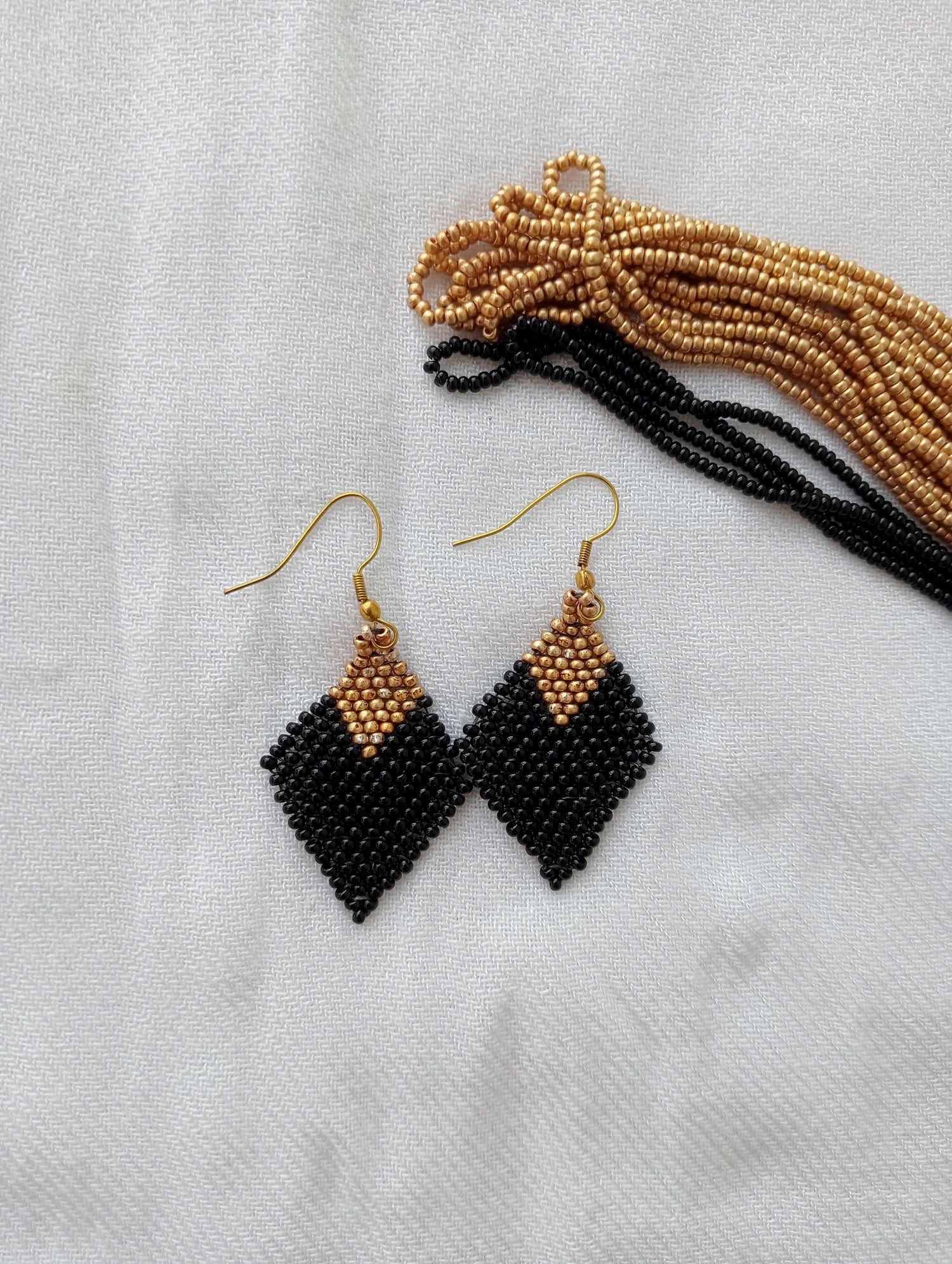 Bead Earrings | Dangle Earrings | Diamond Shape | Black and Gold color | Lightweight| Heirloom Quality