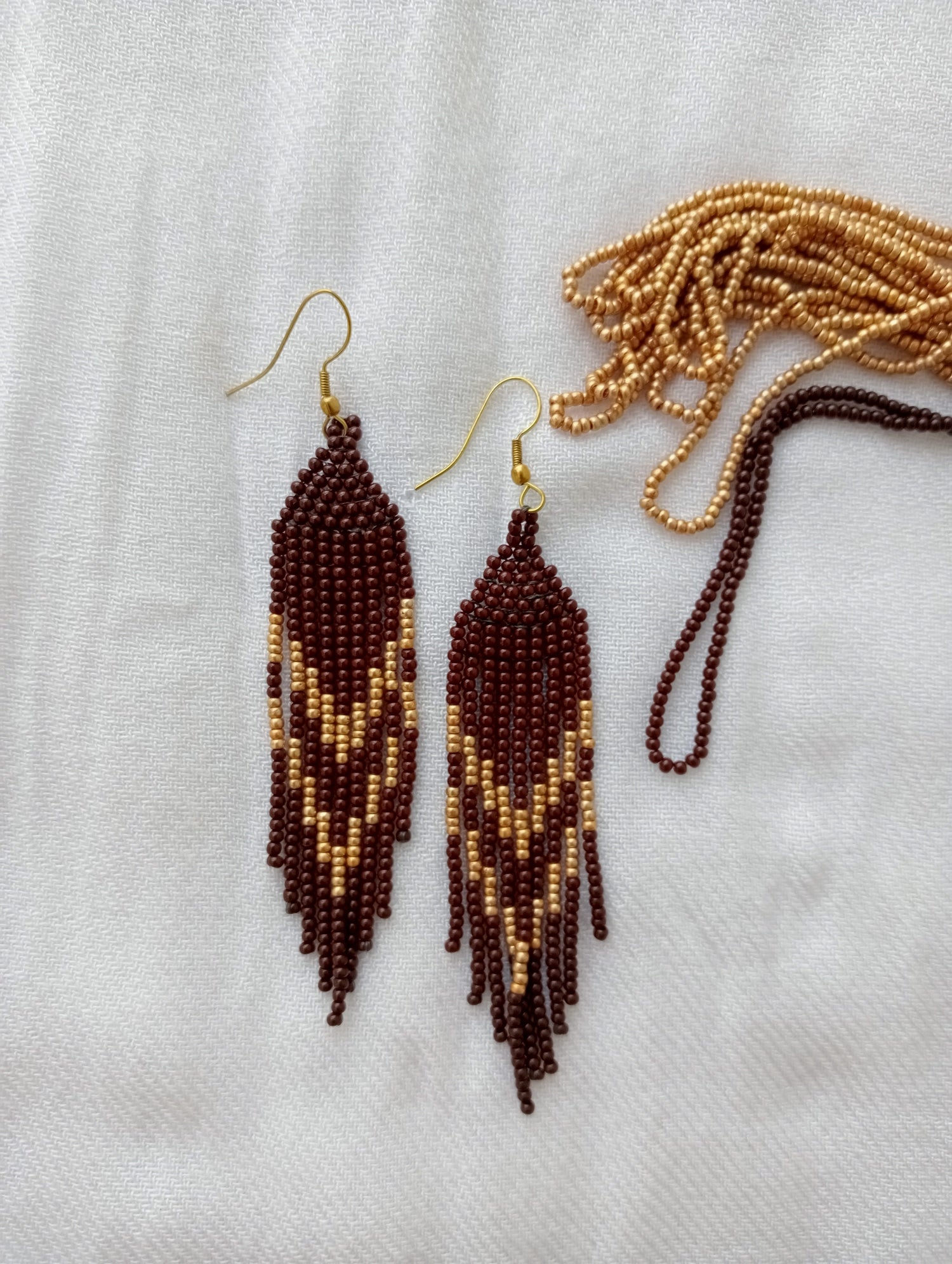 Bead Earrings | Dangle Earrings | Chevron Design |Brown and Gold color | Lightweight| Heirloom Quality