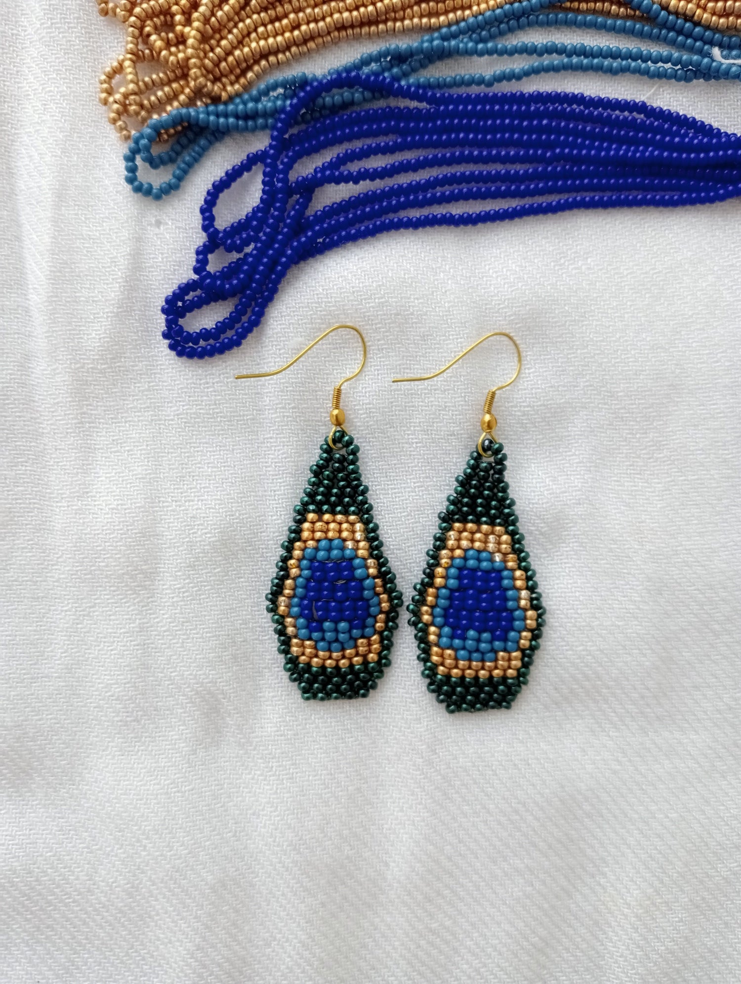 Bead Earrings | Dangle Earrings | Peacock Design | Dark Green and Dark Blue color | Lightweight| Heirloom Quality