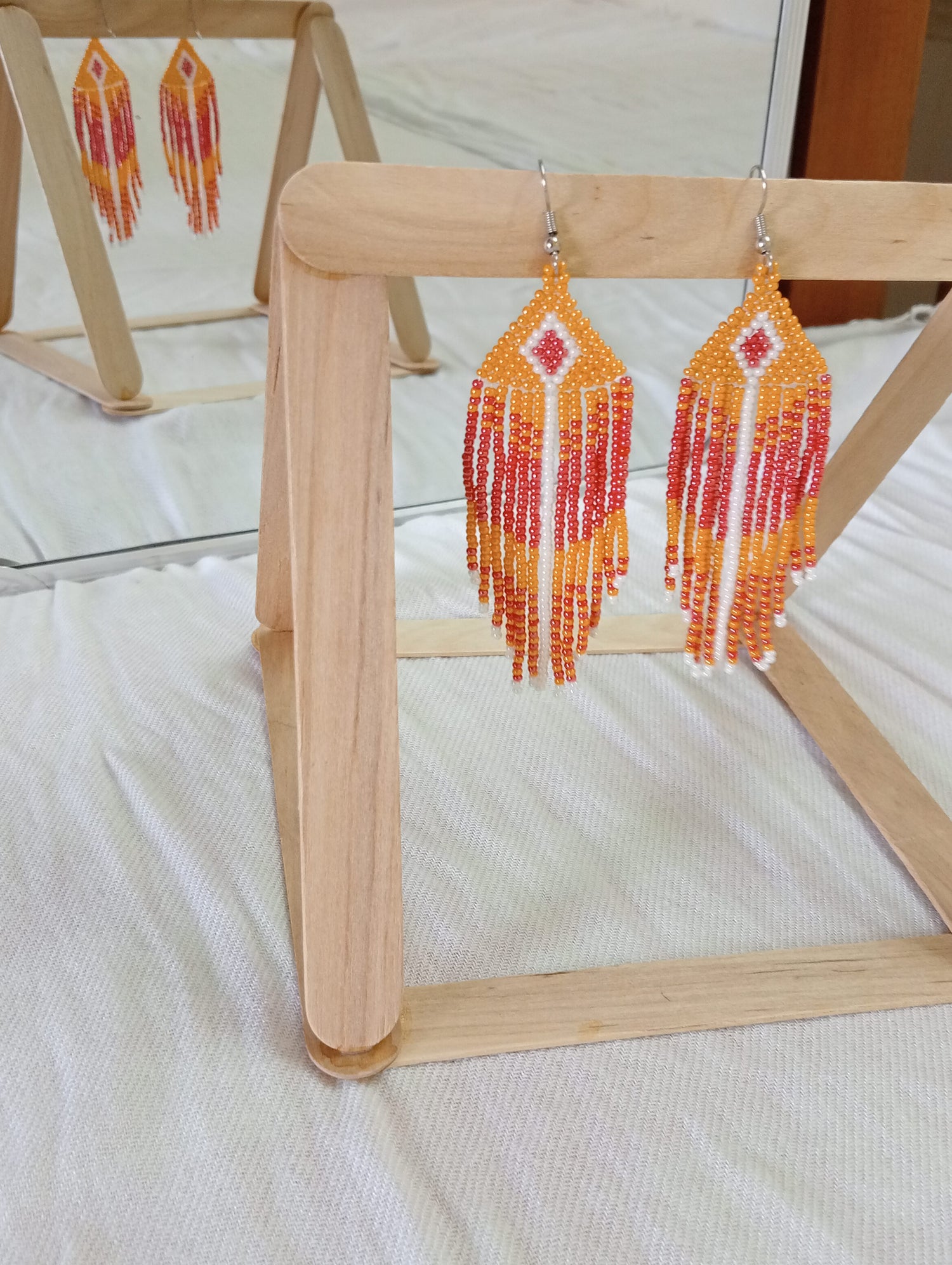 Beaded Earrings with Glass Seed Beads - Pink and Orange Fringe Earrings