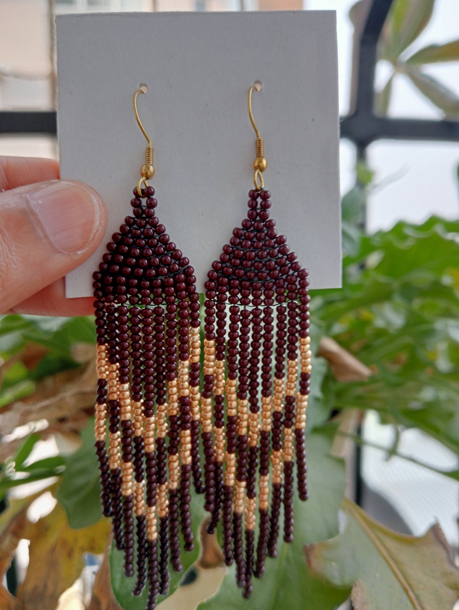 Bead Earrings | Dangle Earrings | Chevron Design |Brown and Gold color | Lightweight| Heirloom Quality
