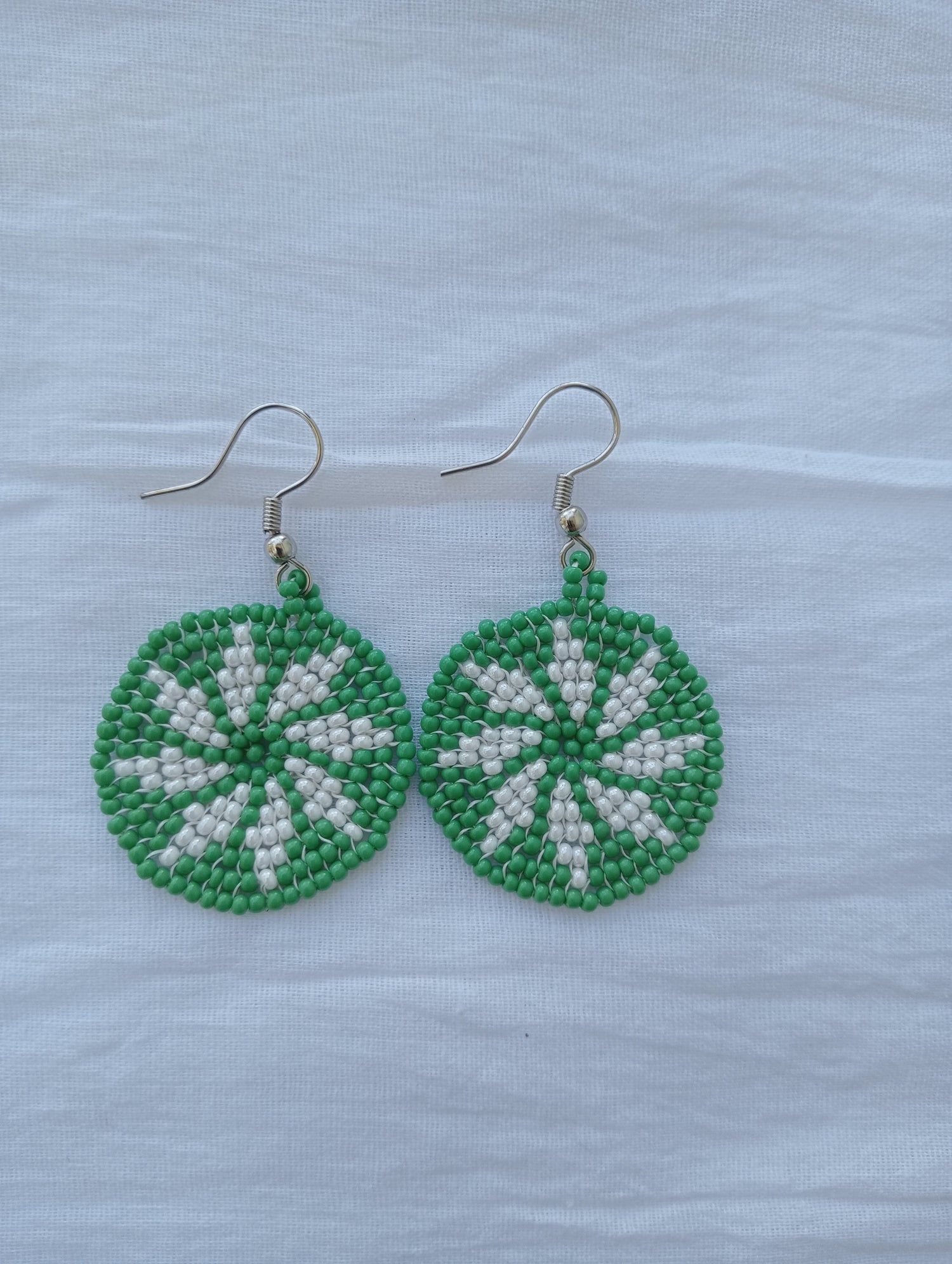 Round Bead Dangle Earrings | Light Green and White Color | Floral Design | Light-weight | Heirloom Quality