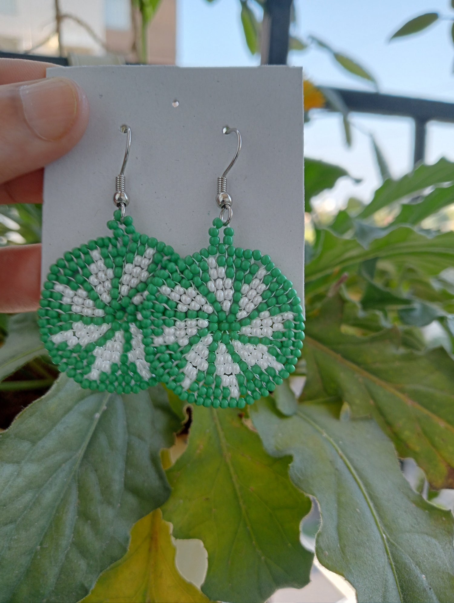 Round Bead Dangle Earrings | Light Green and White Color | Floral Design | Light-weight | Heirloom Quality