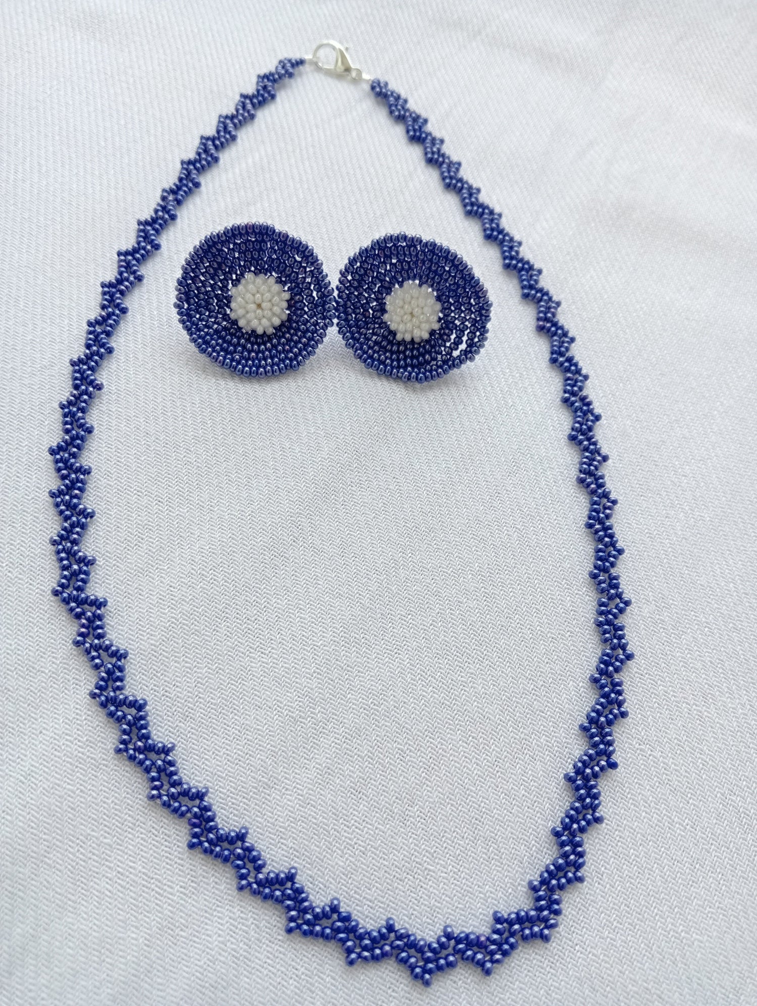 Bead Earrings and Necklace Set | Elegant look | White and Purple Color | Light-weight | Heirloom quality |