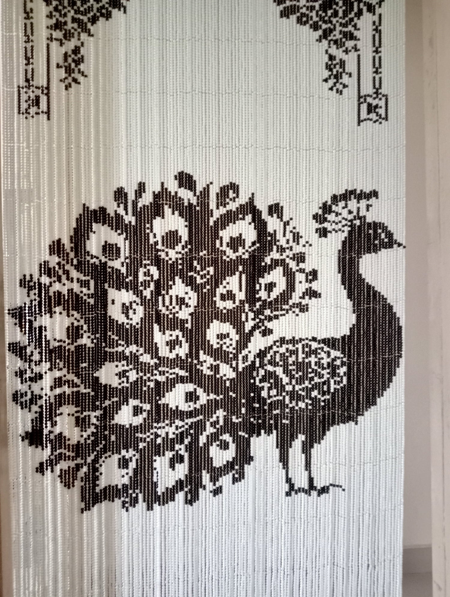 Pixel Glass Bead Curtain - Full-length - Peacock Design - In Black and White Glass Beads - For Room Doors of 3x7ft -  As Living Room Partitions - Heirloom artwork - Rare handicraft - Ready-to-ship
