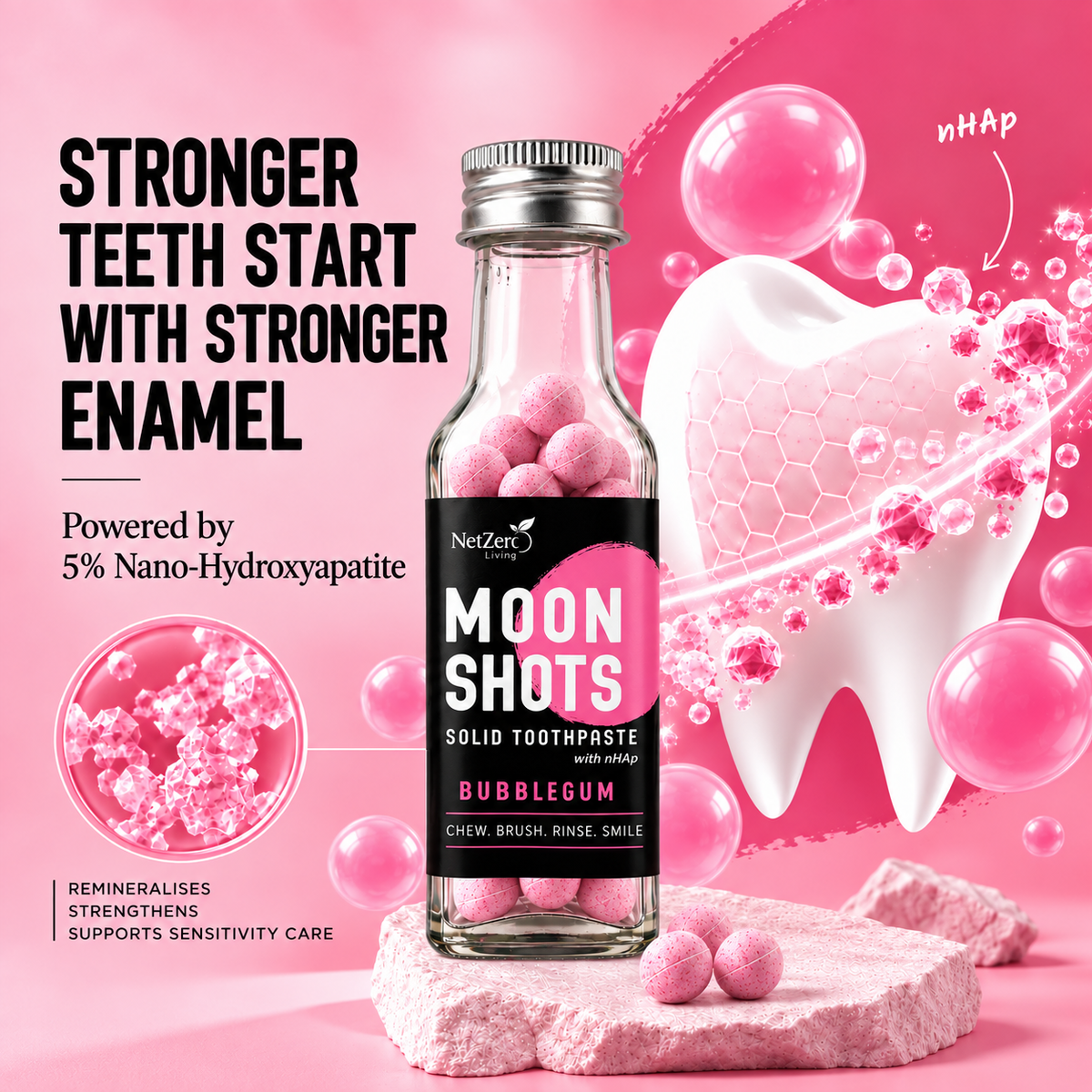 Moonshots Solid Toothpaste Tablets – Bubblegum (90 pcs) | 5% nHAp | Fluoride & SLS Free | No Preservatives | with Xylitol & Oral Probiotics | Travel-Friendly
