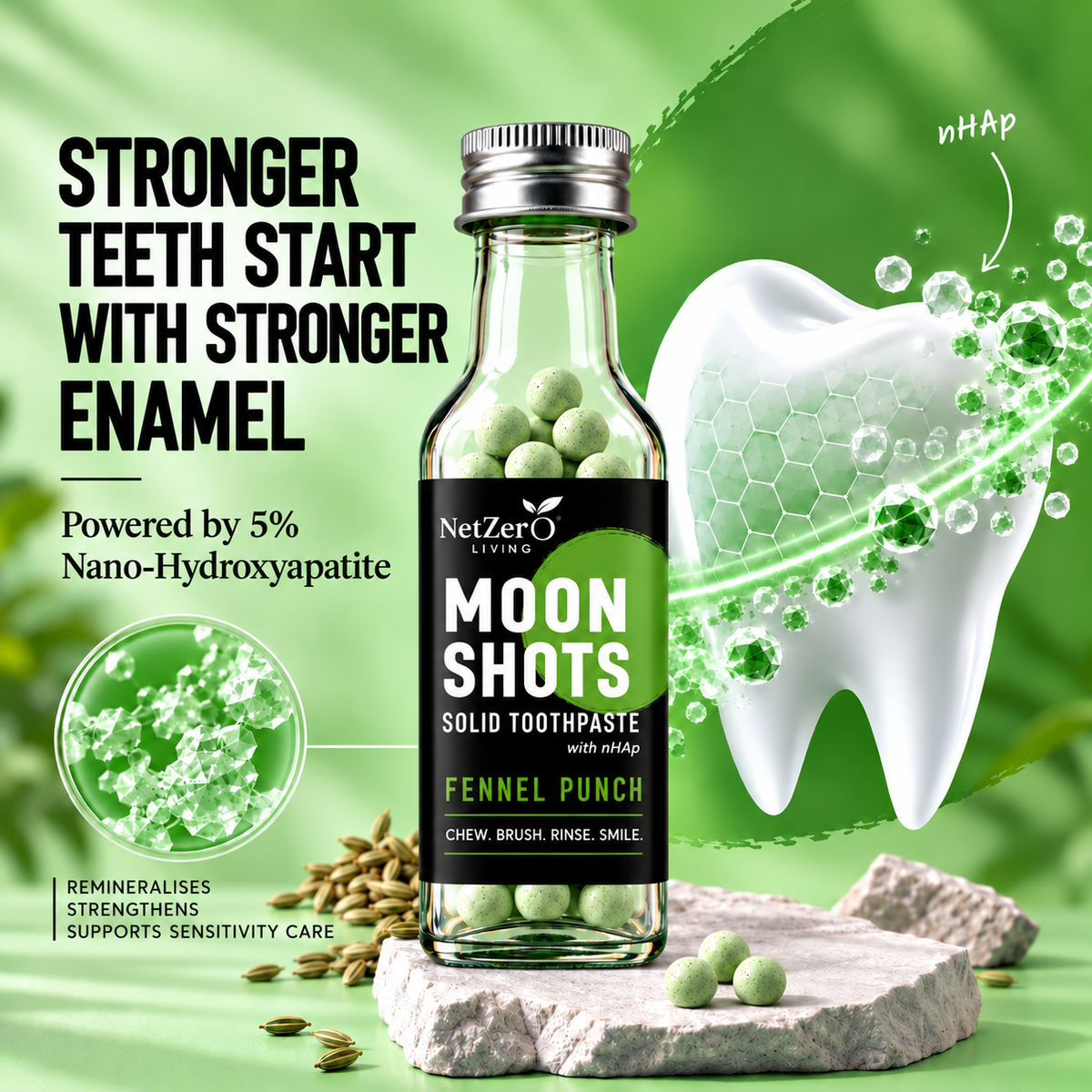 Moonshots Solid Toothpaste Tablets – Fennel Punch (90 pcs) | 5% nHAp | Fluoride & SLS Free | No Preservatives | with Xylitol & Oral Probiotics | Travel-Friendly