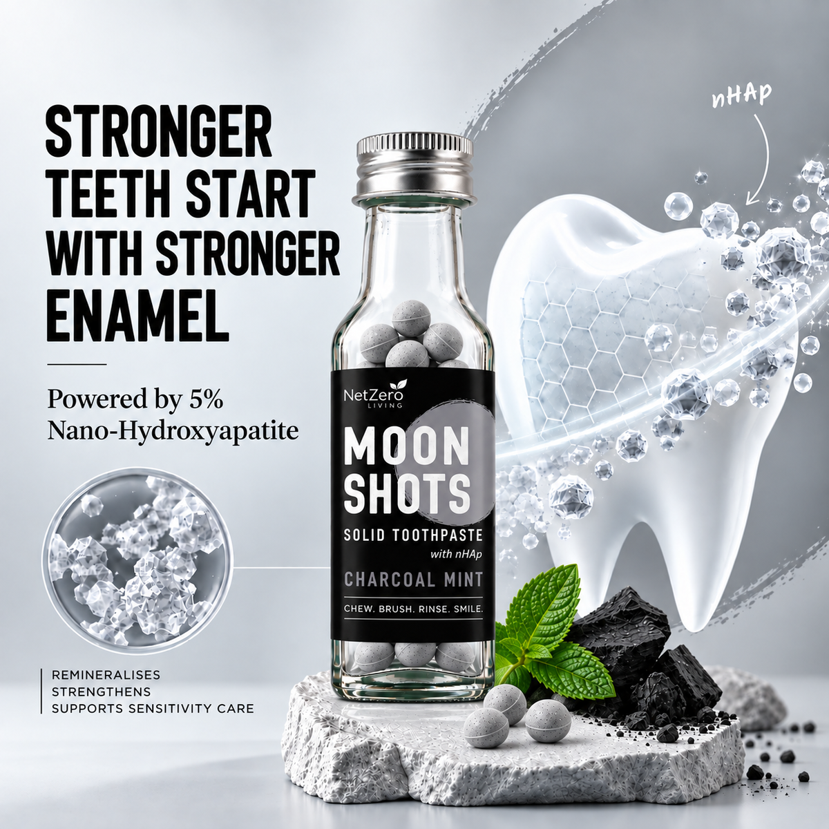 Moonshots Solid Toothpaste Tablets – Charcoal Mint (90 pcs) | 5% nHAp | Fluoride & SLS Free | No Preservatives | with Xylitol & Oral Probiotics | Travel-Friendly
