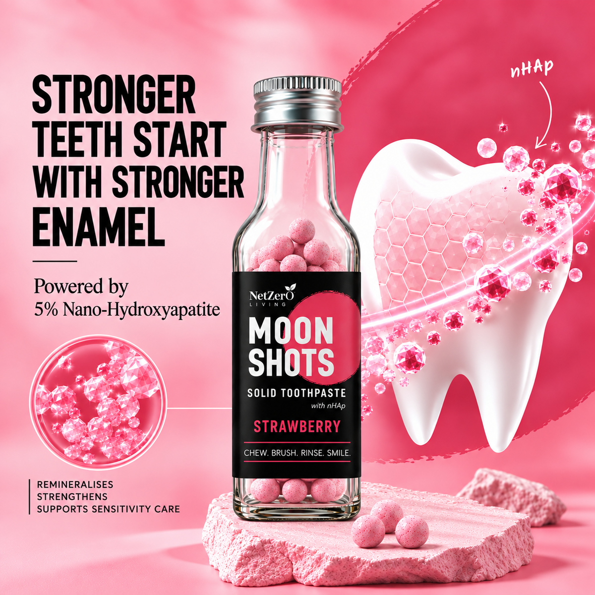 Moonshots Solid Toothpaste Tablets – Strawberry (90 pcs) | 5% nHAp | Fluoride & SLS Free | No Preservatives | with Xylitol & Oral Probiotics | Travel-Friendly