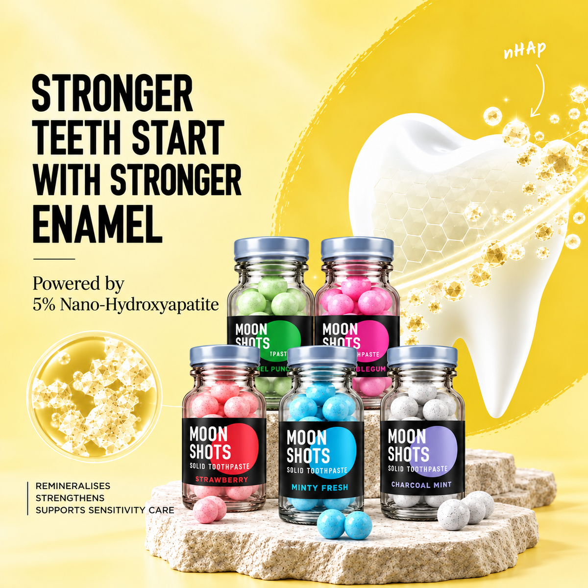 Moonshots Mini | 5 Flavour Box | Solid Toothpaste | Toothpaste Tablets | 5% nHAp | Fluoride & SLS Free | No Preservatives | with Xylitol & Oral Probiotics | Travel-Friendly