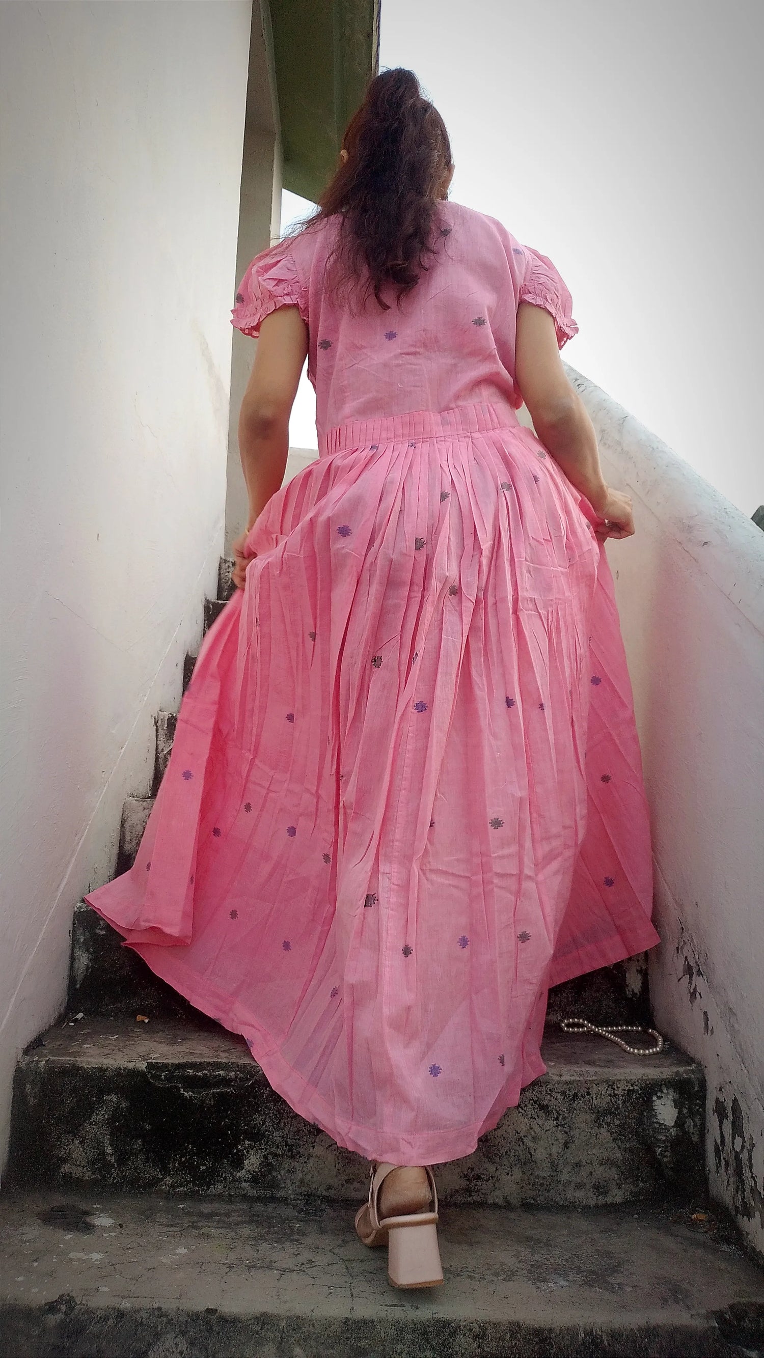 CORAL REEFS -Handwoven Mul Cotton Jamdani Maxi Dress – Coral Pink Fit and Flare with Pintuck Detailing.