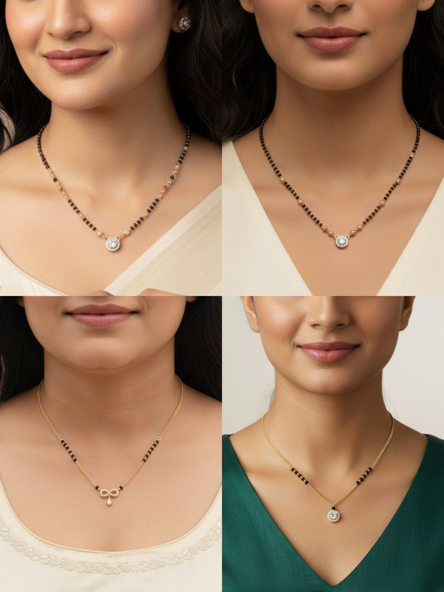 JHB Latest Trend AD Diamond Pendant Black Beads Chain Short Mangalsutra For Women's