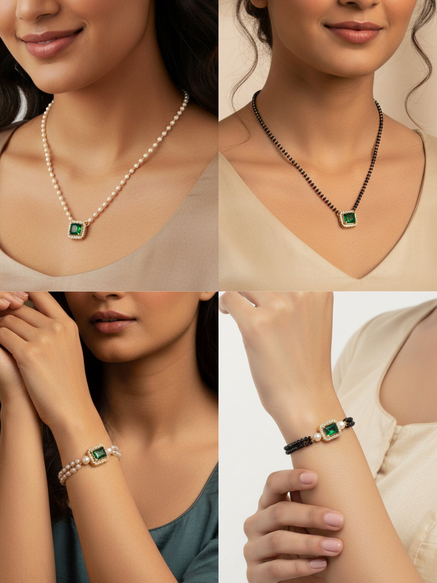 JHB Green Ruby Diamond and Pearl Bracelet and Neck Mangalsutra Combo for women and girls