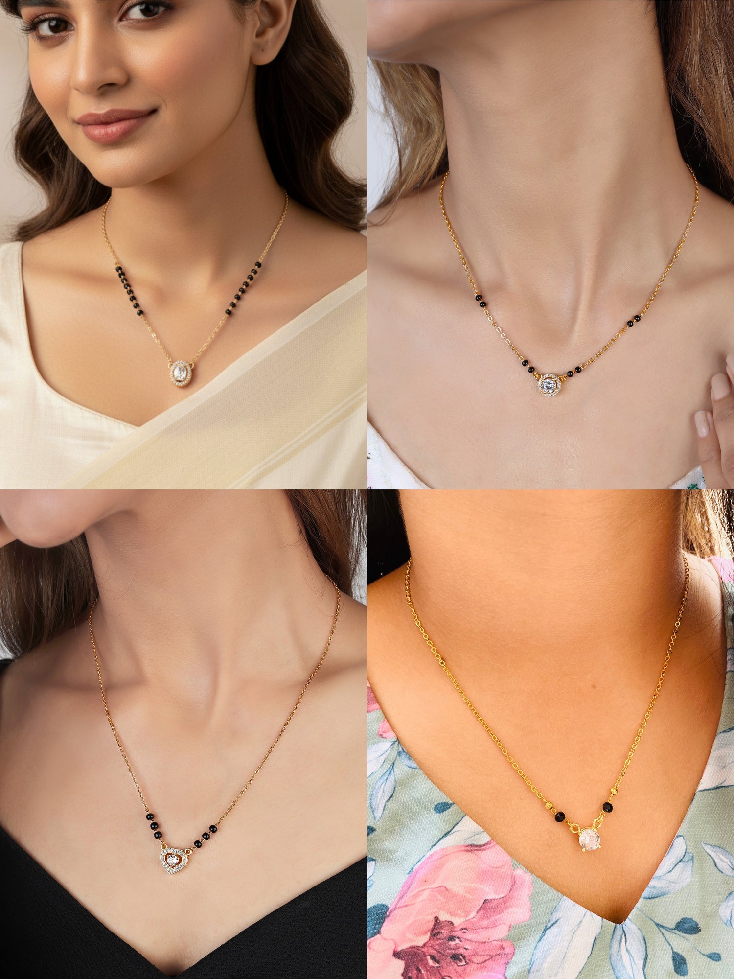 JHB AD Diamond Pendant Black Beads Chain Short Mangalsutra For Women's