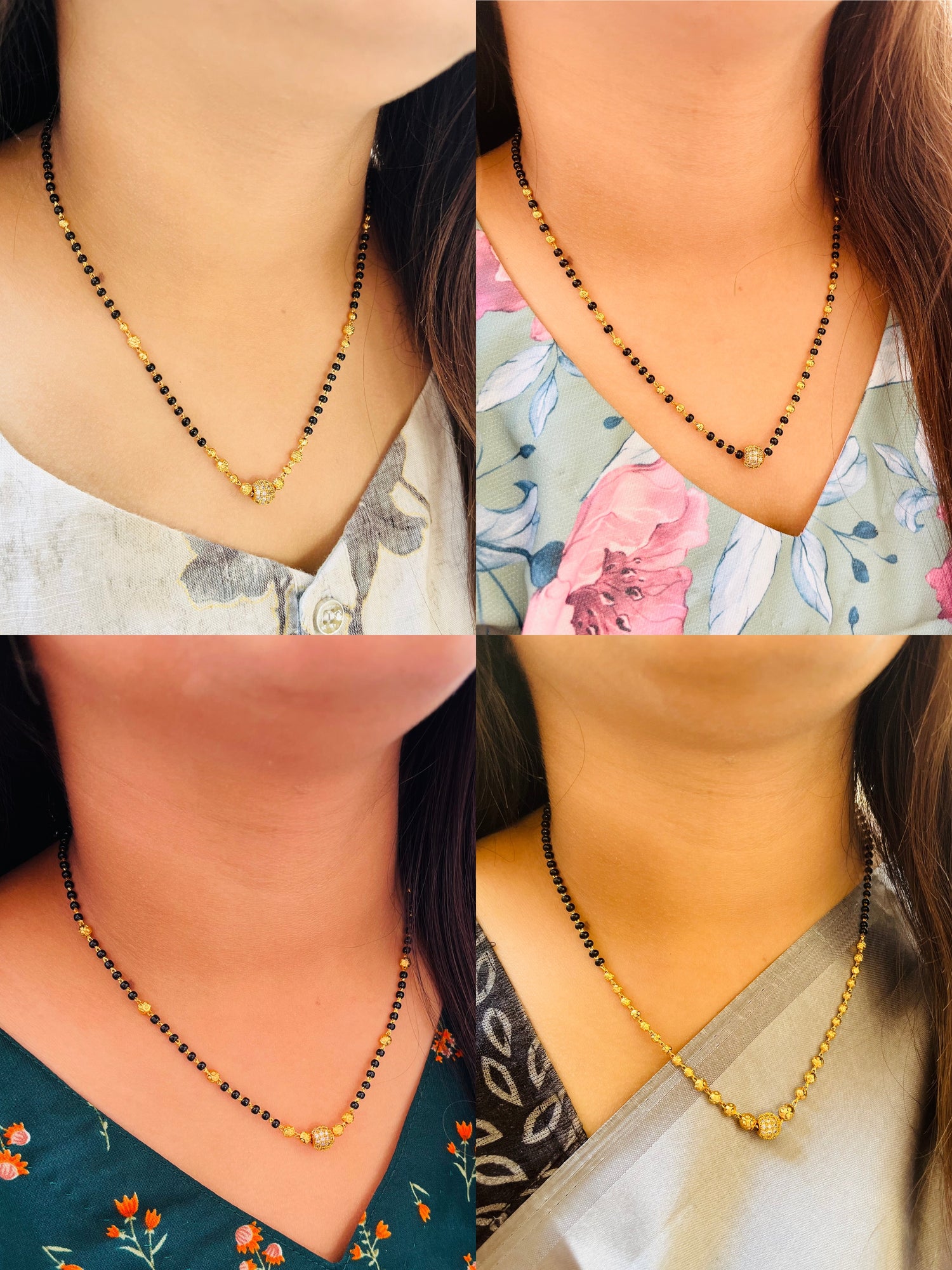 JHB AD Diamond Boll Pendant Black Beads Chain Short Mangalsutra For Women's