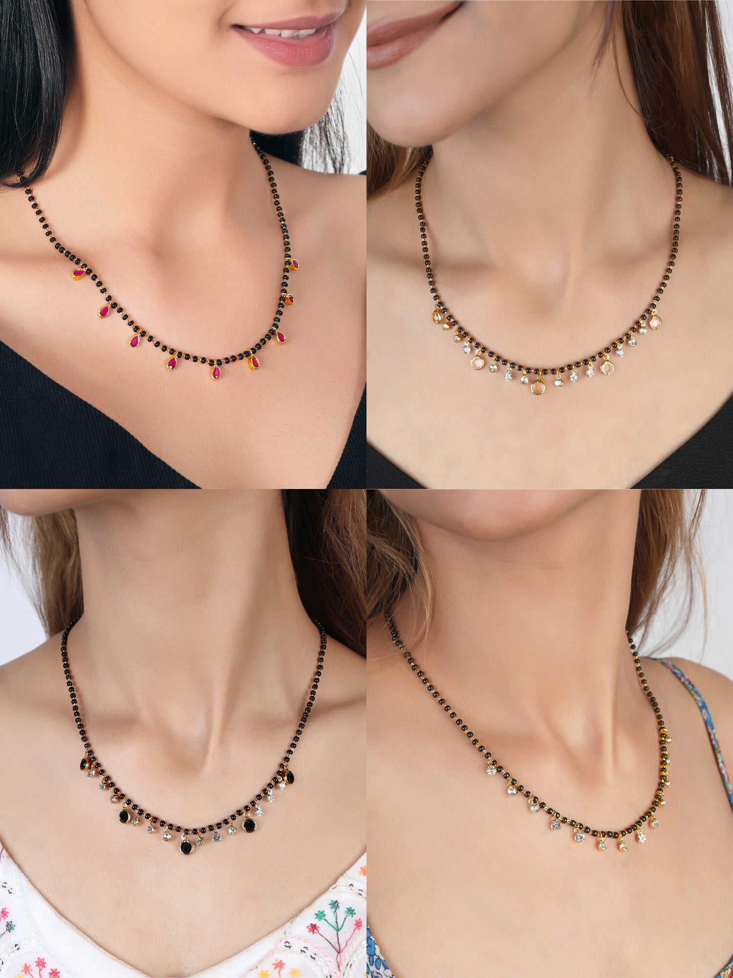 JHB AD Diamond Ruby Pendant Black Beads Chain Short Tanmaniya Mangalsutra For Women's