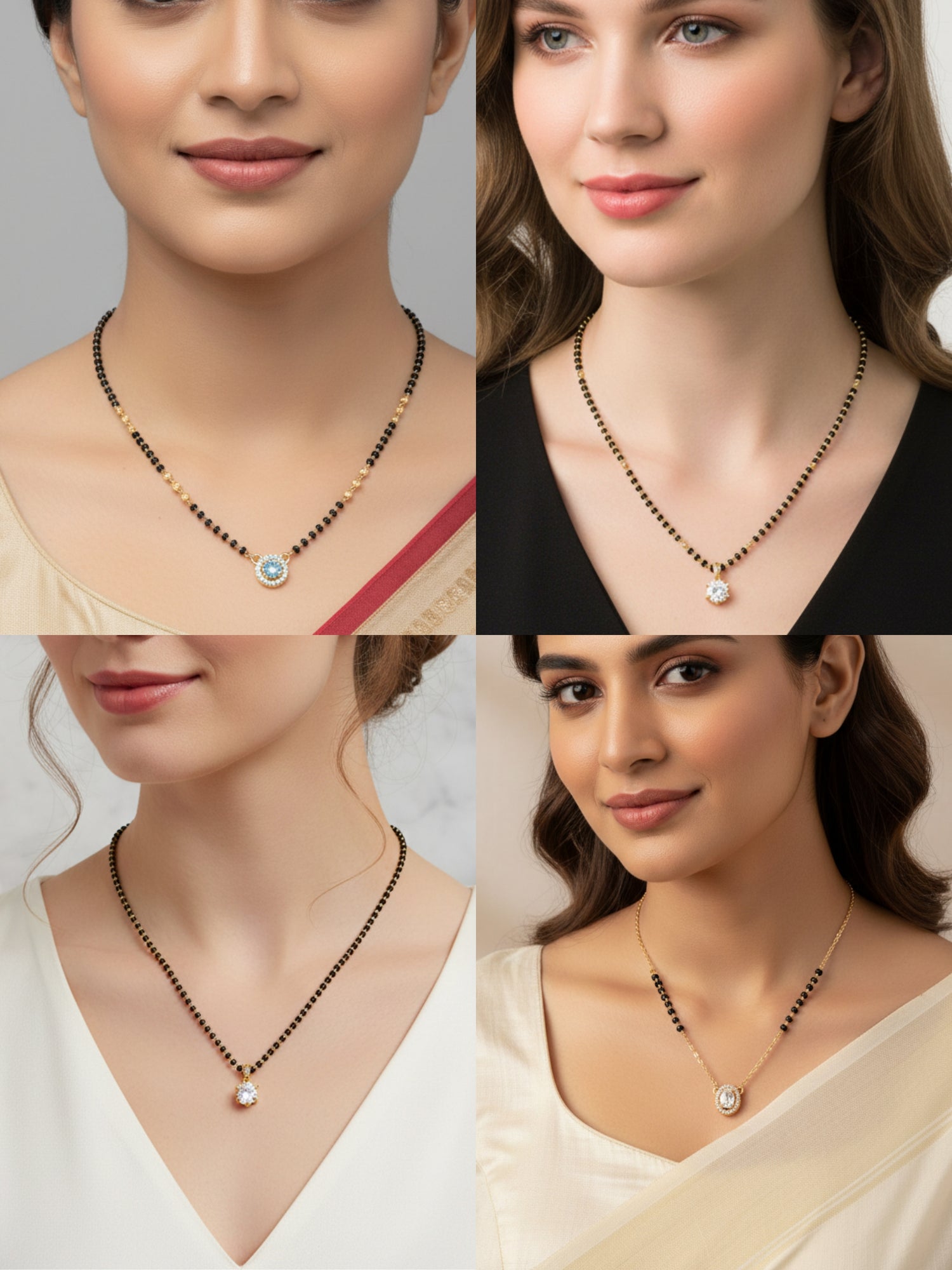JHB AD Diamond Pendant Black Beads Chain Short Mangalsutra For Women's