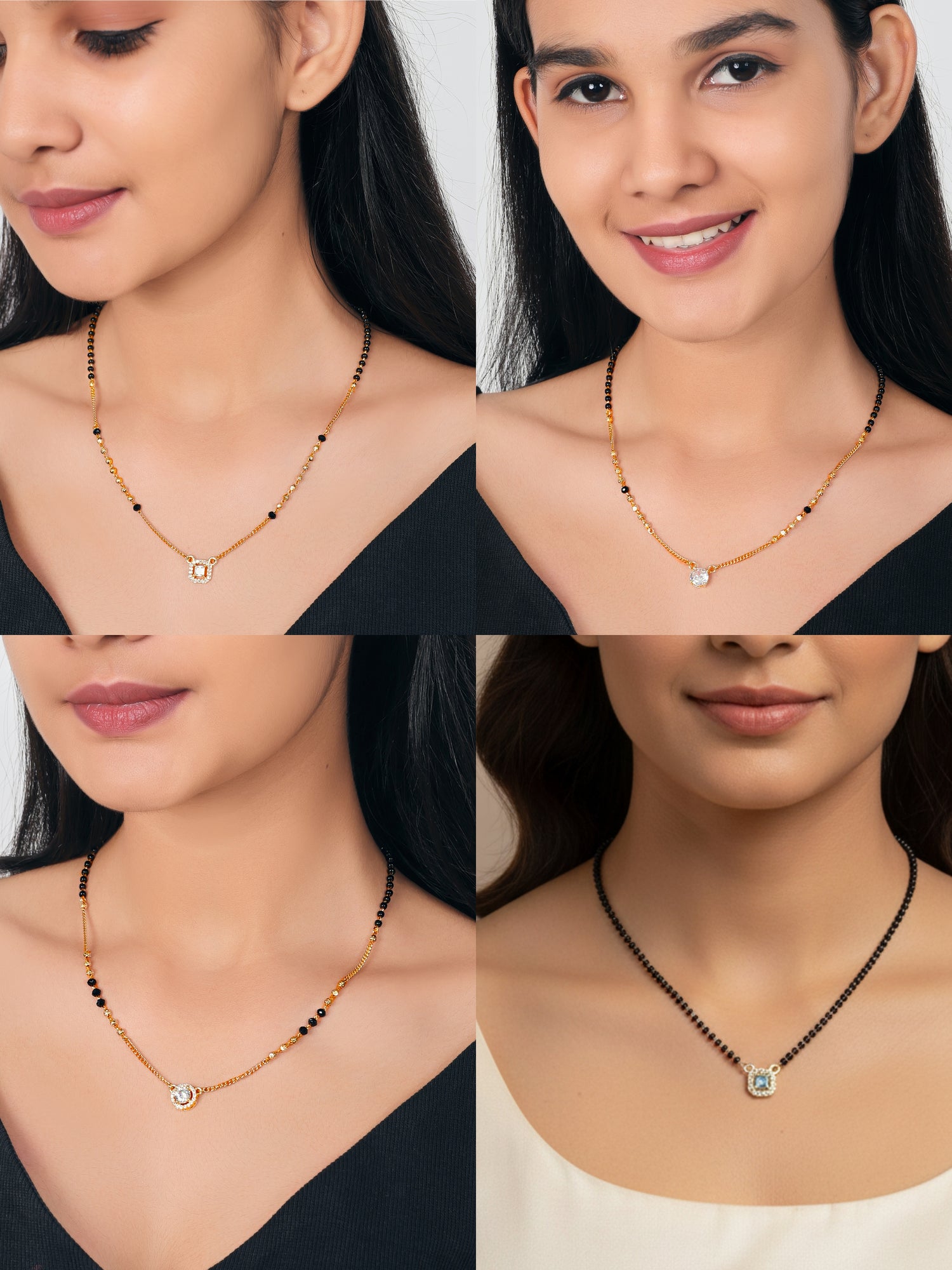 JHB AD Diamond Pendant Black Beads Chain Short Mangalsutra For Women's