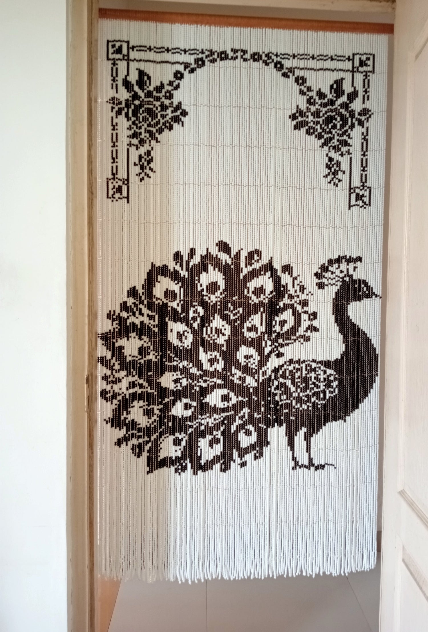 Pixel Glass Bead Curtain - Full-length - Peacock Design - In Black and White Glass Beads - For Room Doors of 3x7ft -  As Living Room Partitions - Heirloom artwork - Rare handicraft - Ready-to-ship