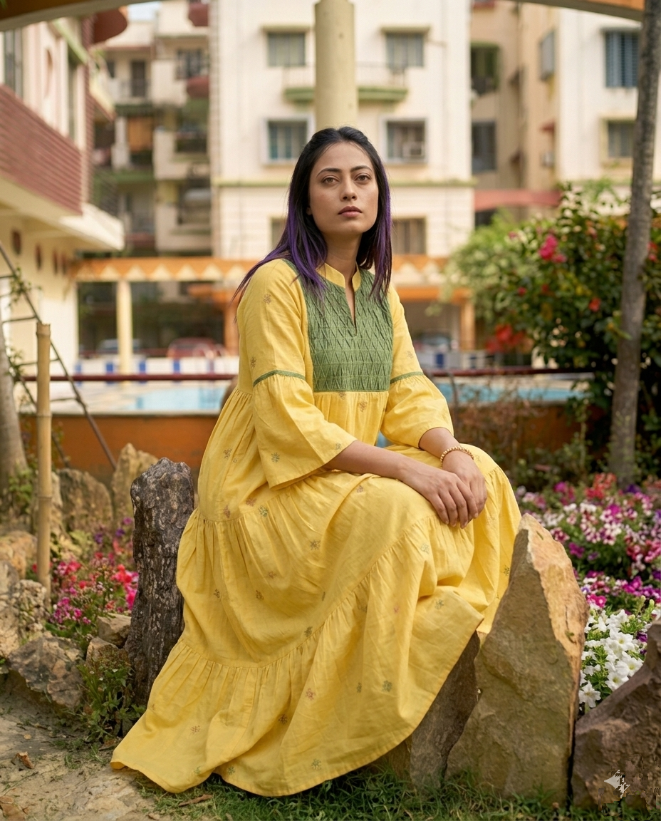 ARIA - Yellow and Olive Green Jamdani cotton A-line midi dress.