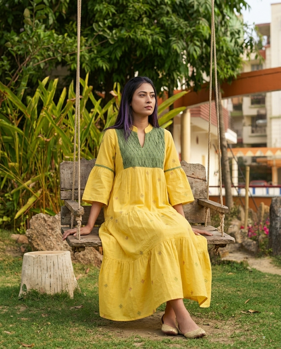 ARIA - Yellow and Olive Green Jamdani cotton A-line midi dress.