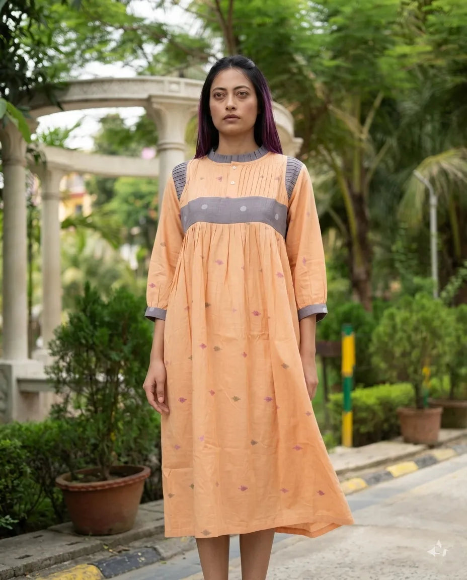AURA - Orange and Grey Jamdani cotton A-line midi dress.