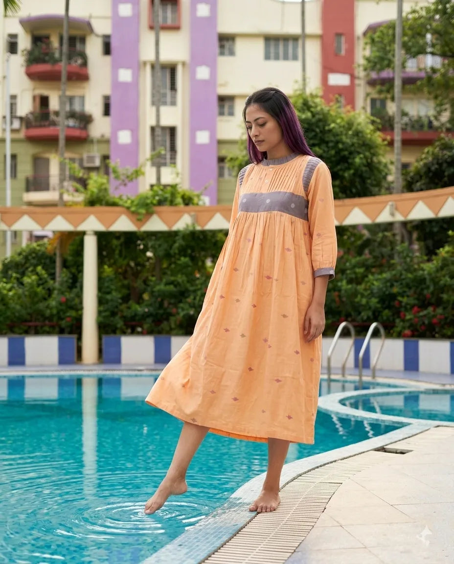 AURA - Orange and Grey Jamdani cotton A-line midi dress.