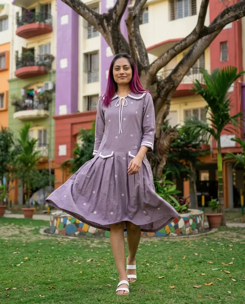 VERVE- Editorialist Handloom Cotton Sailor-Collar Pleated Midi Dress in Dusty Mauve.