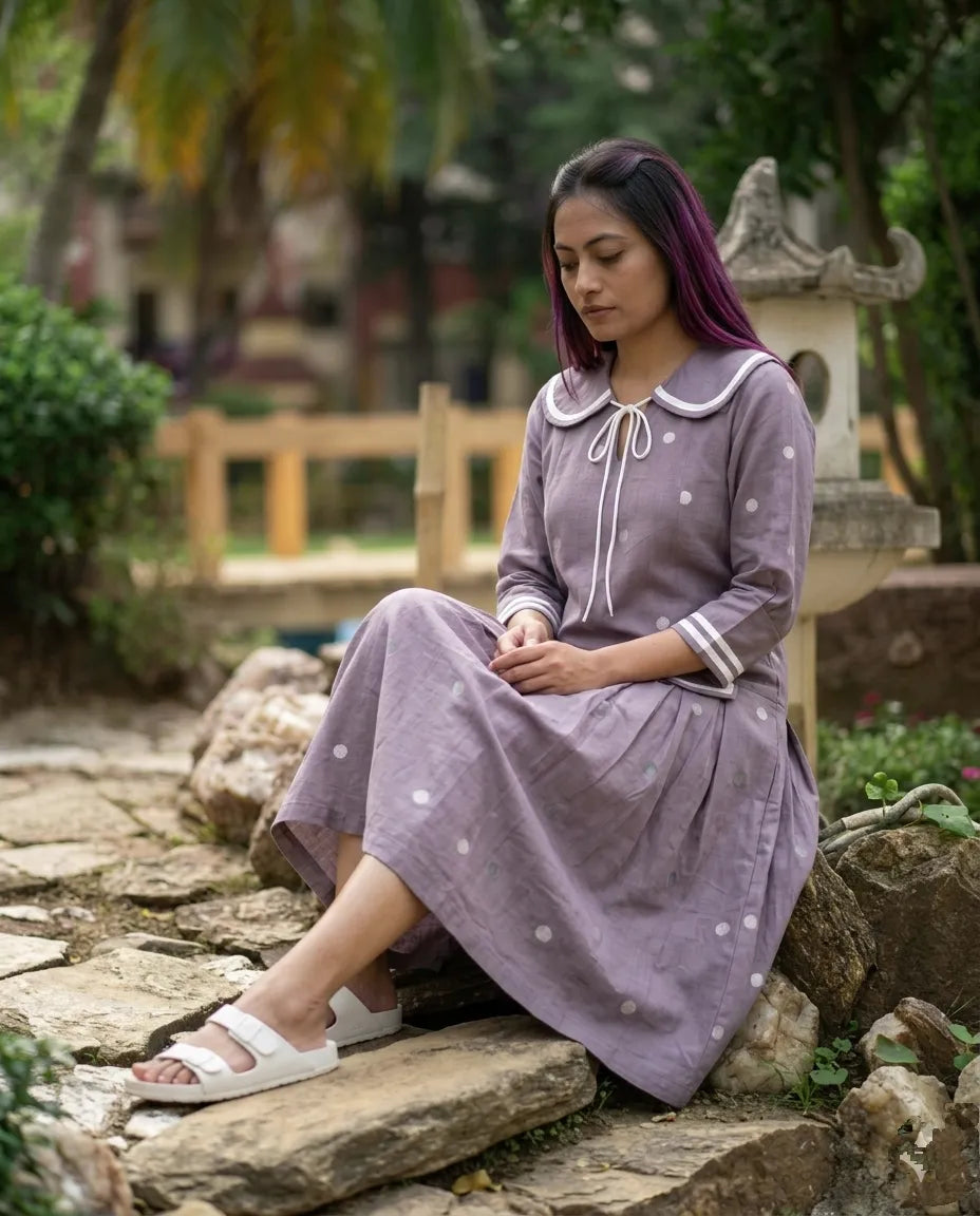 VERVE- Editorialist Handloom Cotton Sailor-Collar Pleated Midi Dress in Dusty Mauve.