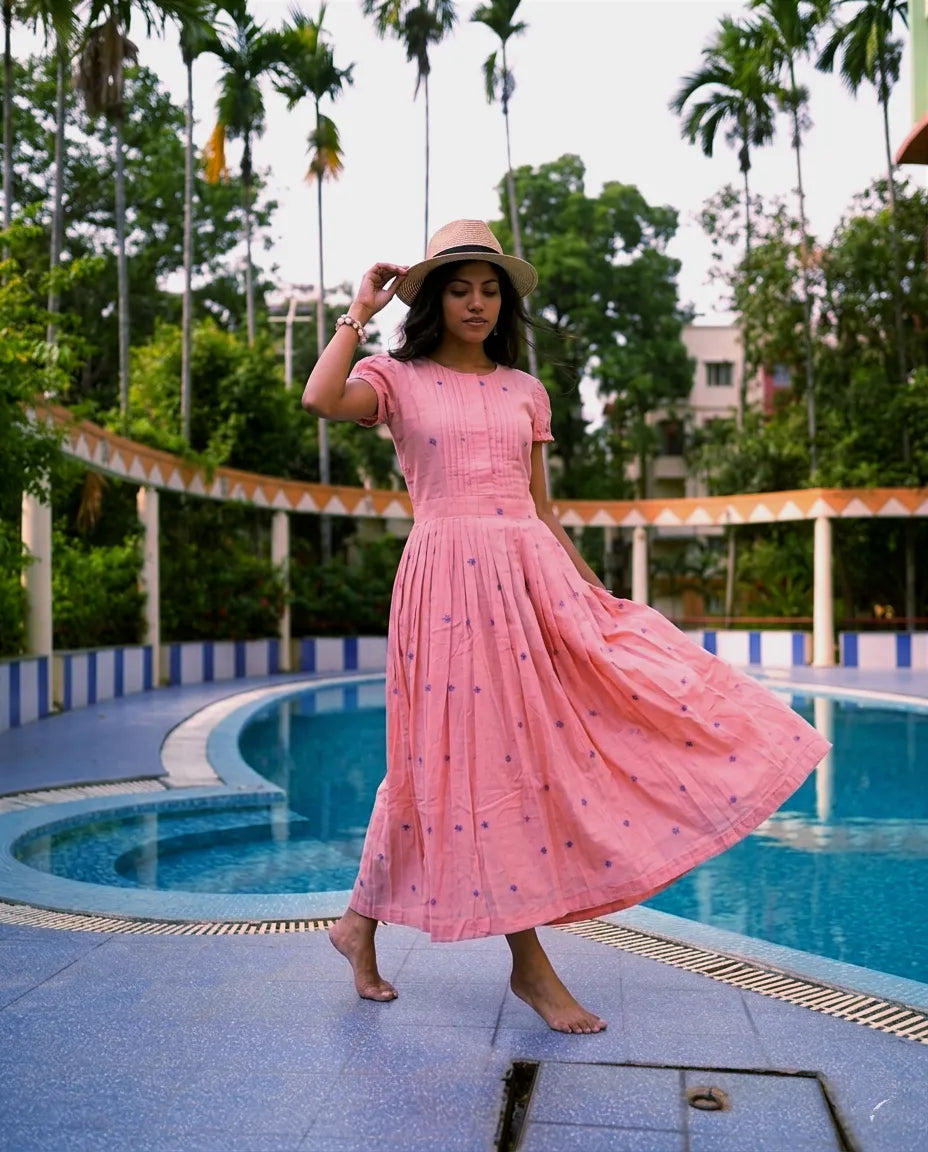 CORAL REEFS -Handwoven Mul Cotton Jamdani Maxi Dress – Coral Pink Fit and Flare with Pintuck Detailing.