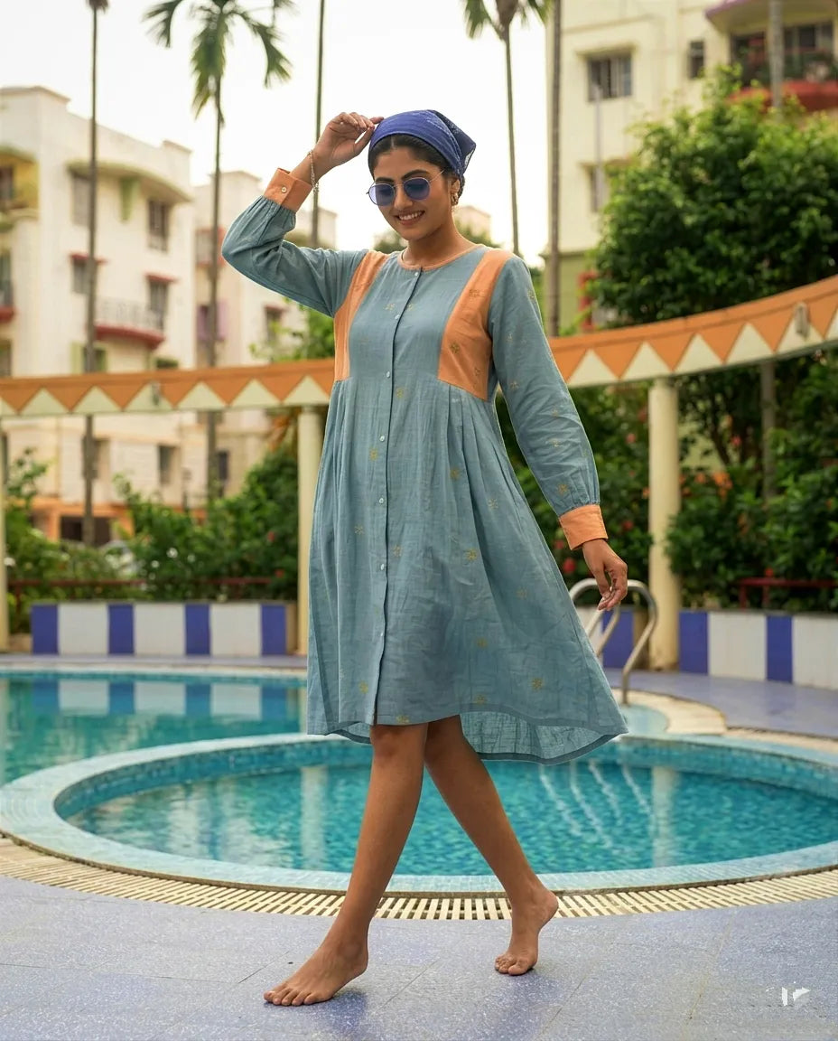 HALO - Handwoven Mul Cotton Orange and Grey Jamdani Cotton A-line midi dress.