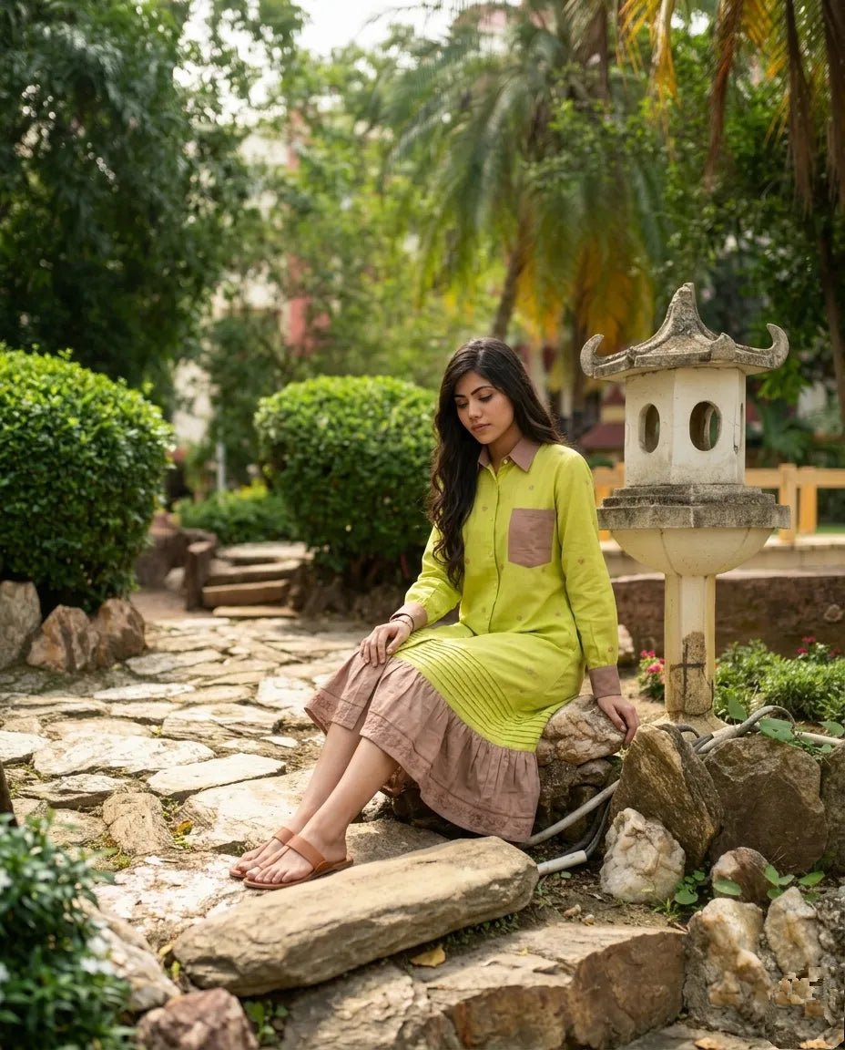 FERN -Handwoven Muslin Cotton Flared Jamdani Maxi Dress with Frill Detailing.