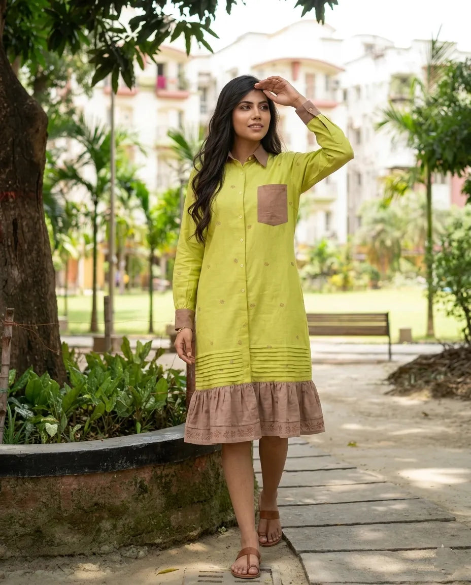FERN -Handwoven Muslin Cotton Flared Jamdani Maxi Dress with Frill Detailing.