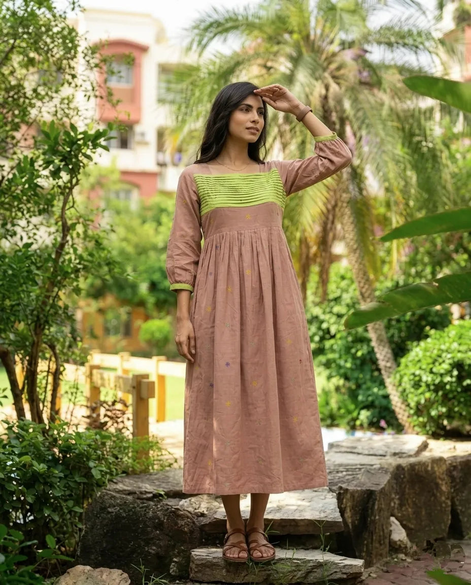 MIST- Elegant Square Neckline,Three-Quarter Sleeves with Contrast Cuff,relaxed A-Line Gathered Dress.