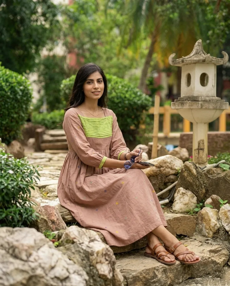 MIST- Elegant Square Neckline,Three-Quarter Sleeves with Contrast Cuff,relaxed A-Line Gathered Dress.