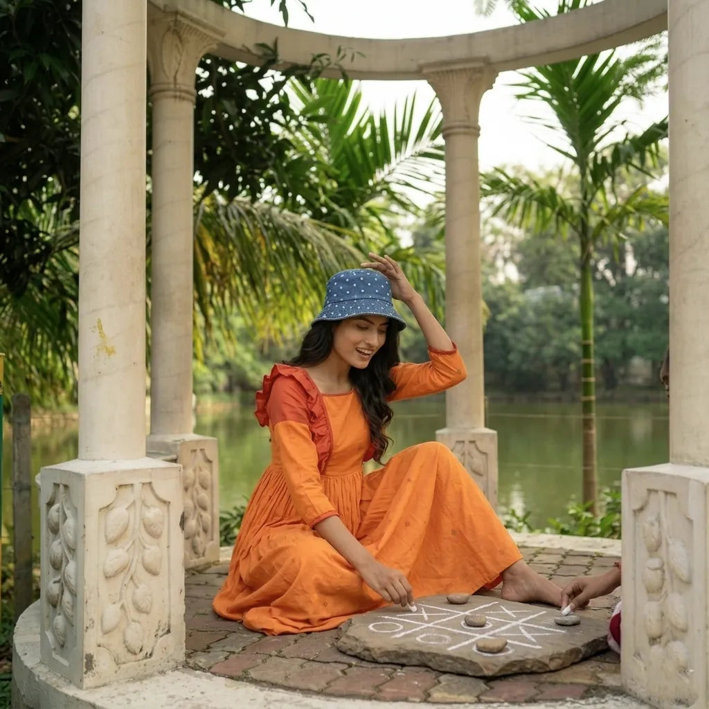 SOIRES- Handwoven Muslin Cotton Flared Jamdani Maxi Dress with Frill Detailing.