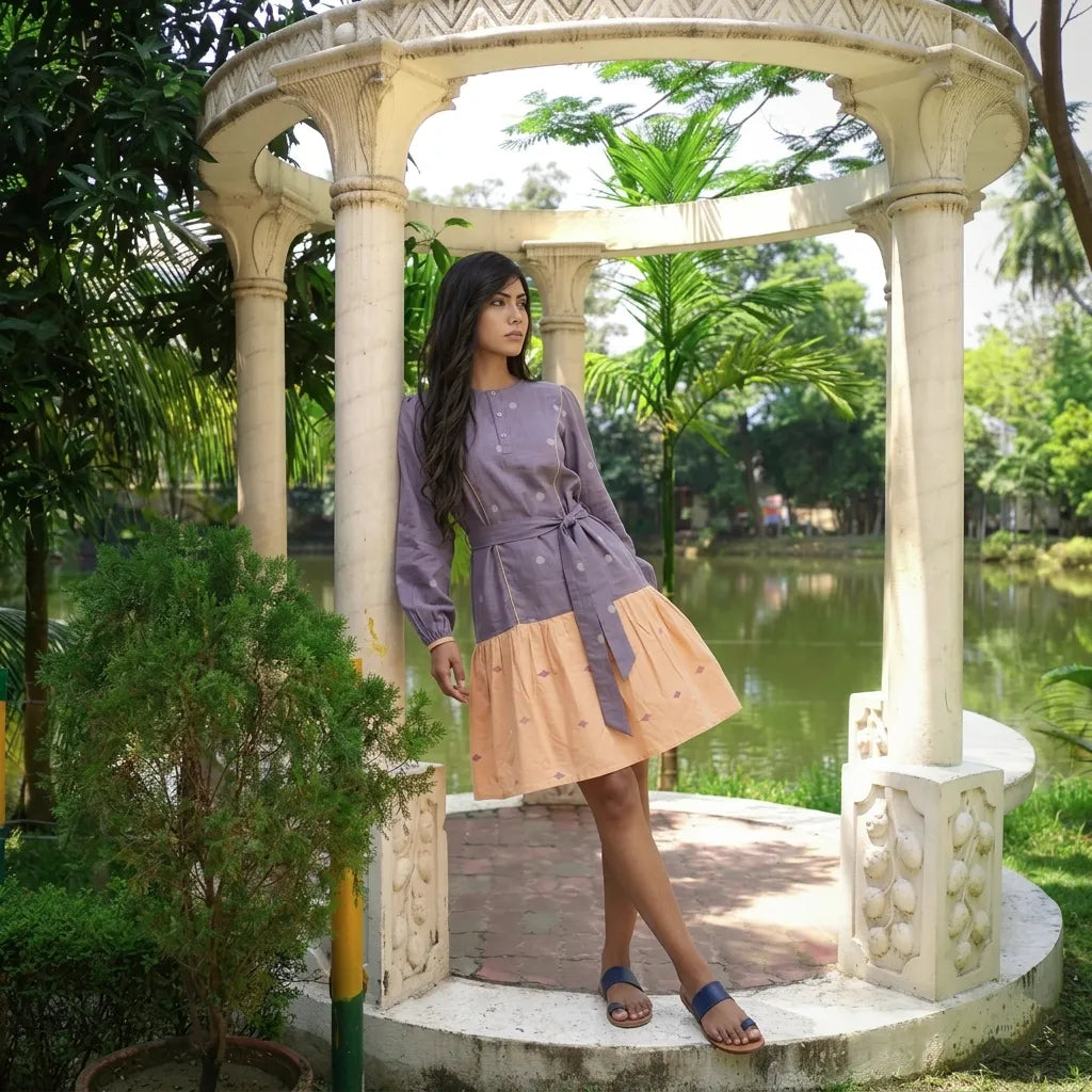 SWAY- Dusty Lavender Grey with Blush Peach Contrast Panel Self-fabric tie belt Dress.