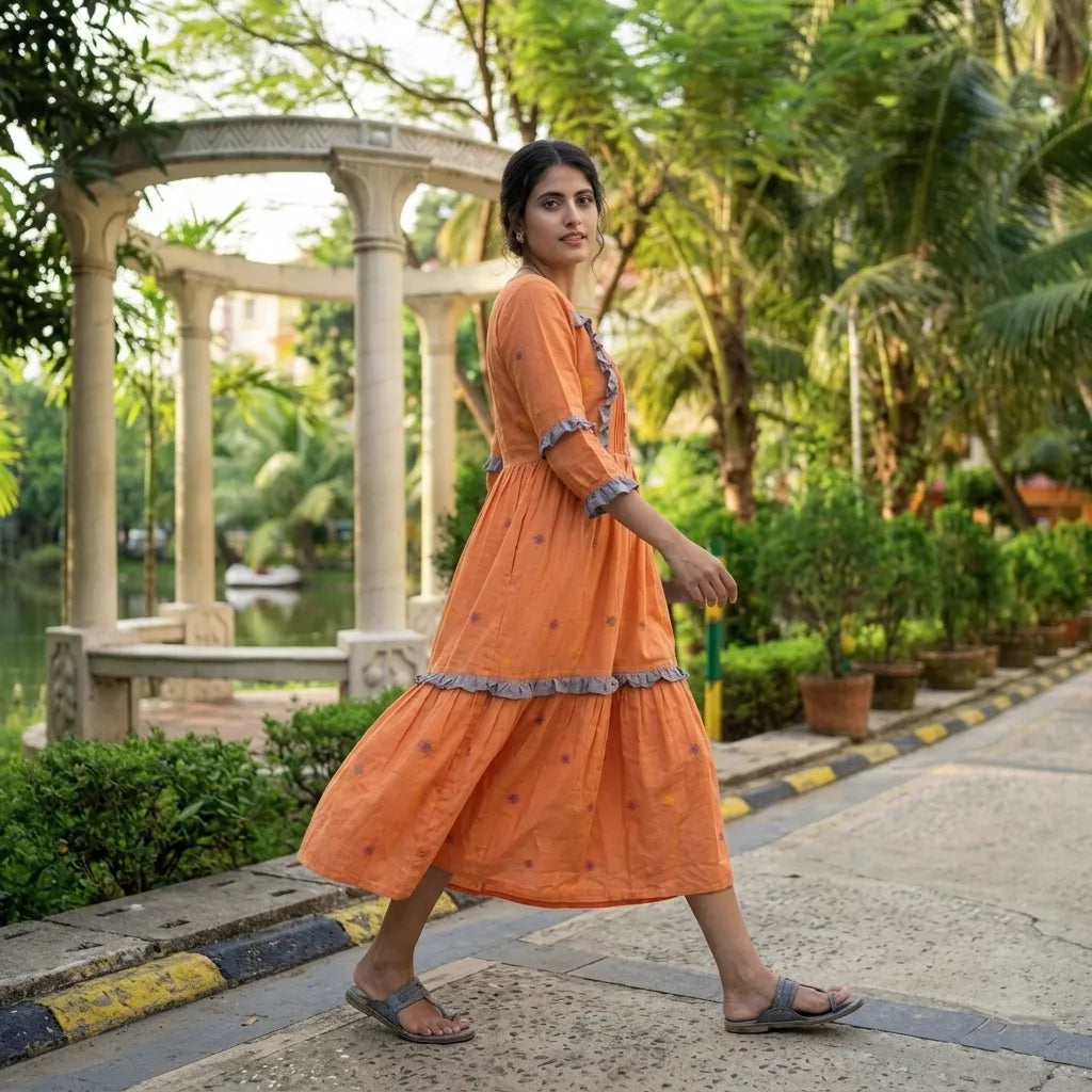 SOLACE- Orange and Grey Jamdani cotton A-line midi dress.