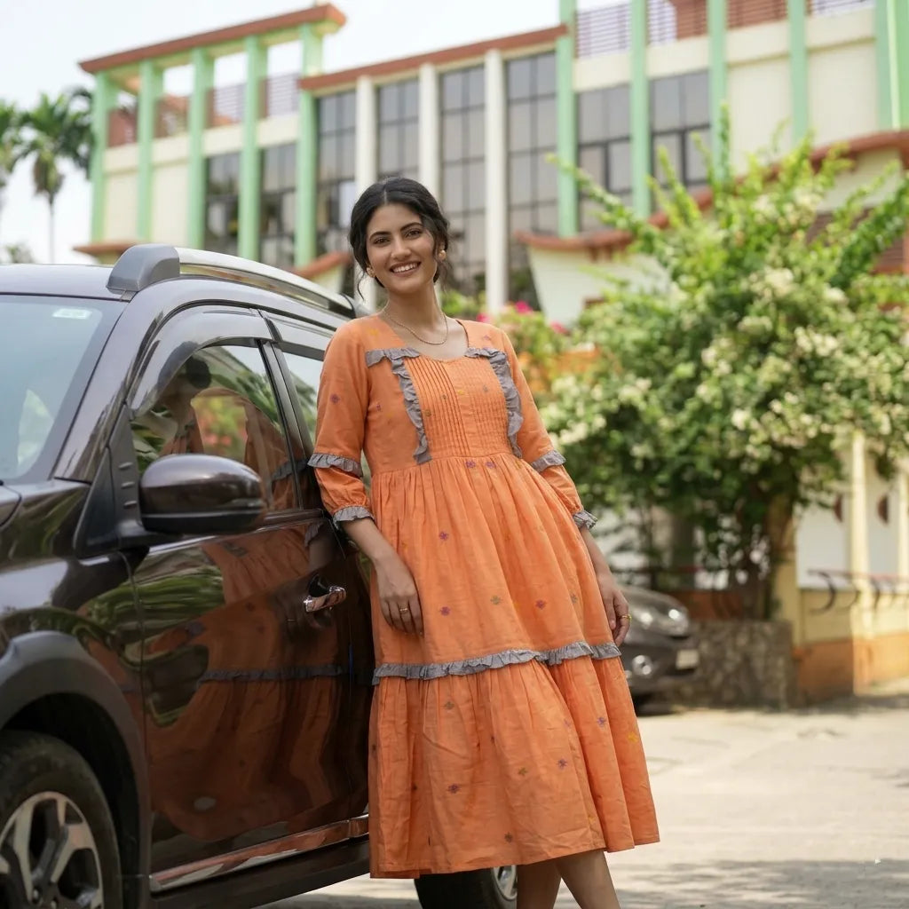SOLACE- Orange and Grey Jamdani cotton A-line midi dress.