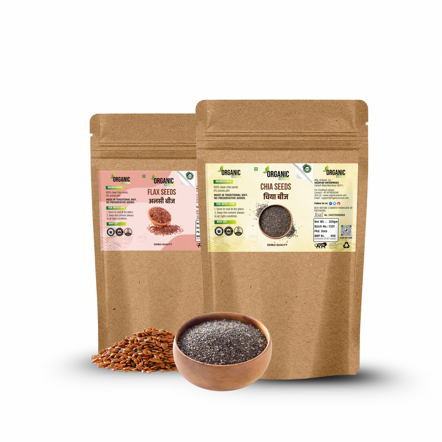 Organic Anand Chia Seeds & Flax Seeds Combo | 380g Total | Raw, Unroasted & Natural | Rich in Omega-3, Fibre & Protein | Gluten-Free Superfood for Weight Loss & Heart Health