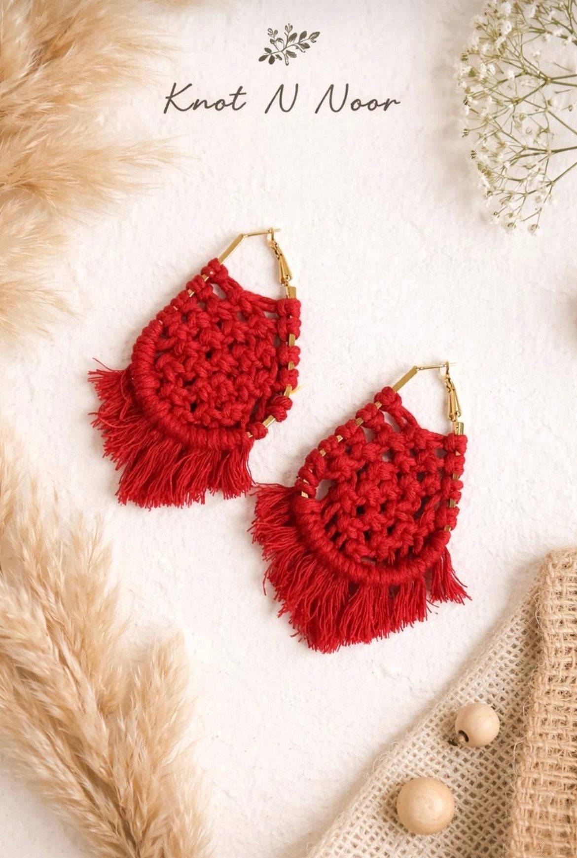 Crimson Charm Handwoven Macrame Fringe Earrings